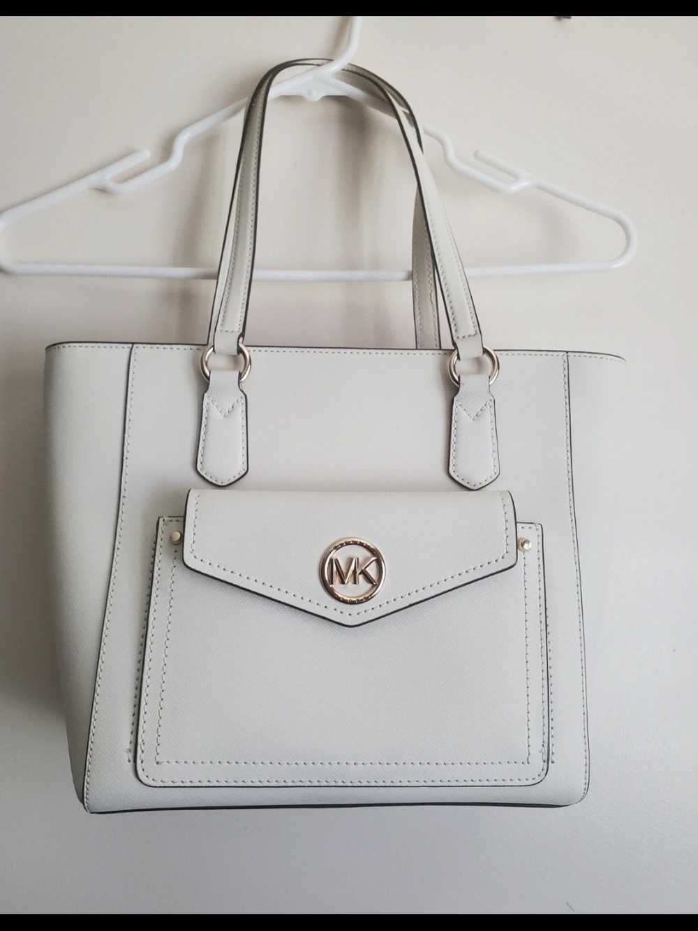 Michael Kors Cream Leather Tote with Front Pocket and MK Emblem